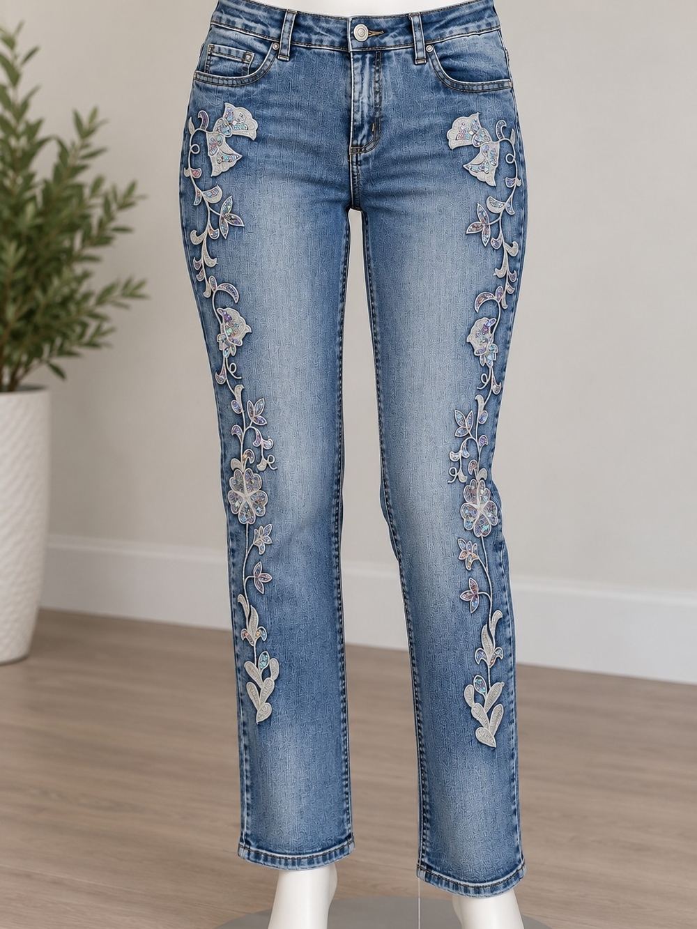 Midnight Velvet Light Blue Embroidered Straight Leg Jeans